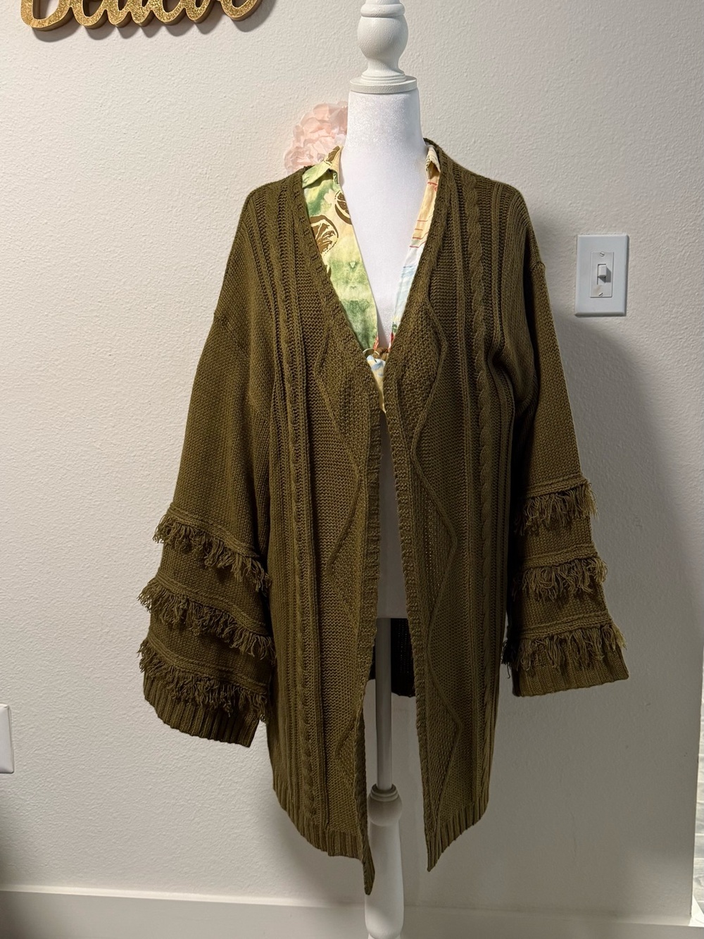 EARTHBOUND Olive Fringe Cable-Knit Open Cardigan